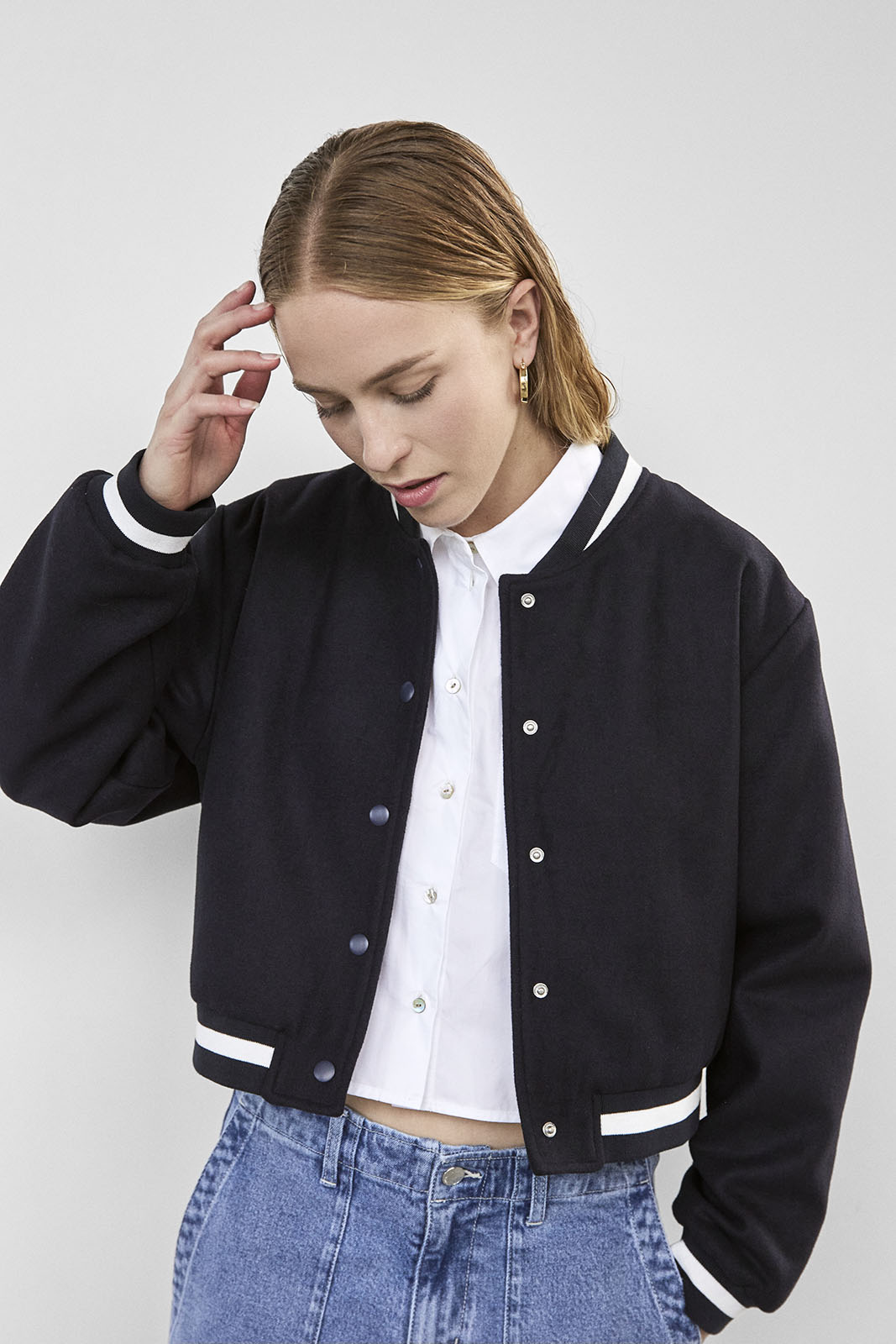 WB Rita Varsity Bomber Jacket in Outer Space Blue