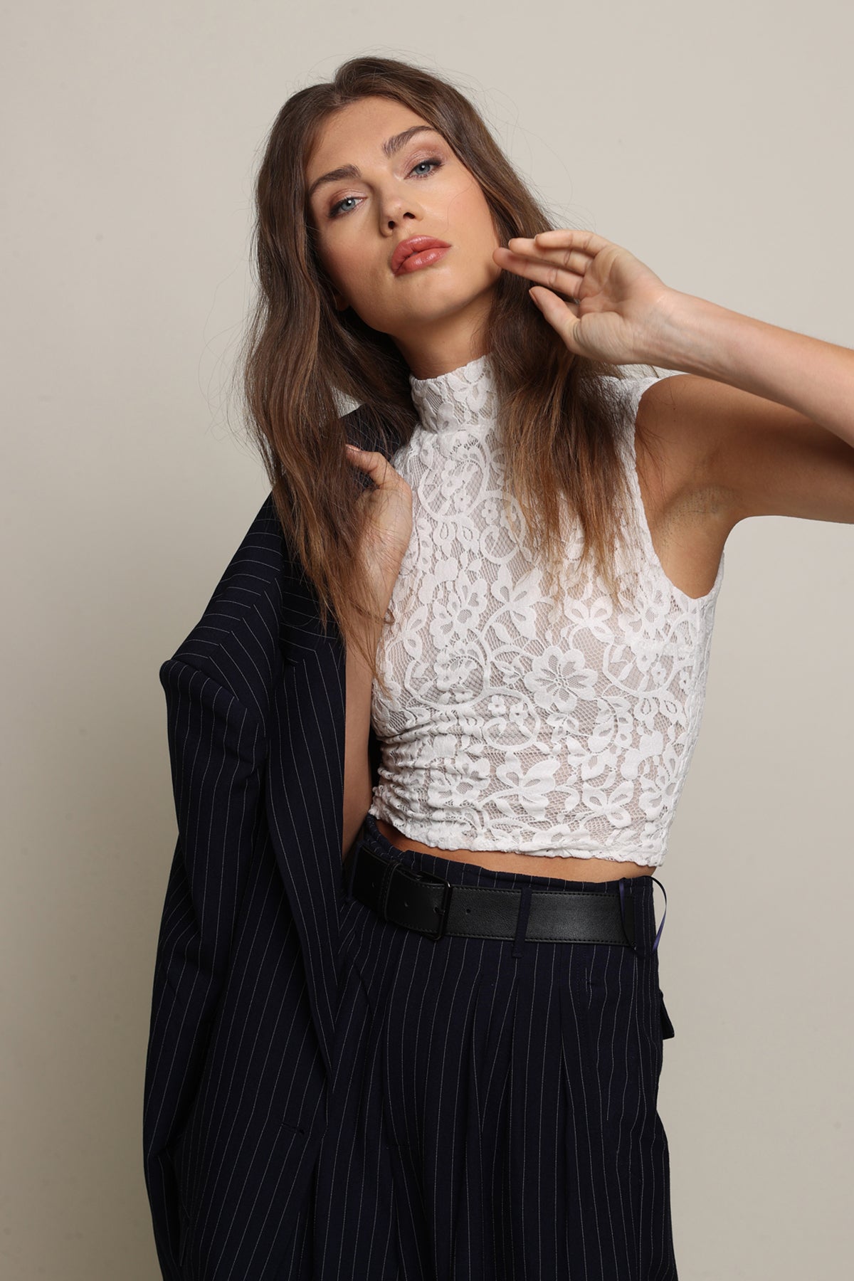 Line & Dot  Roux Lace Mockneck Tank in Ivory