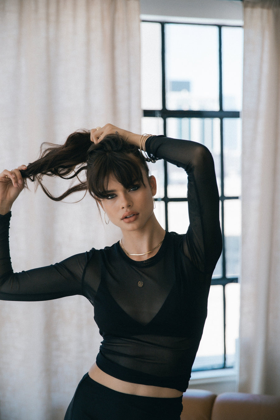 Mesh Crop Long Sleeve Tee