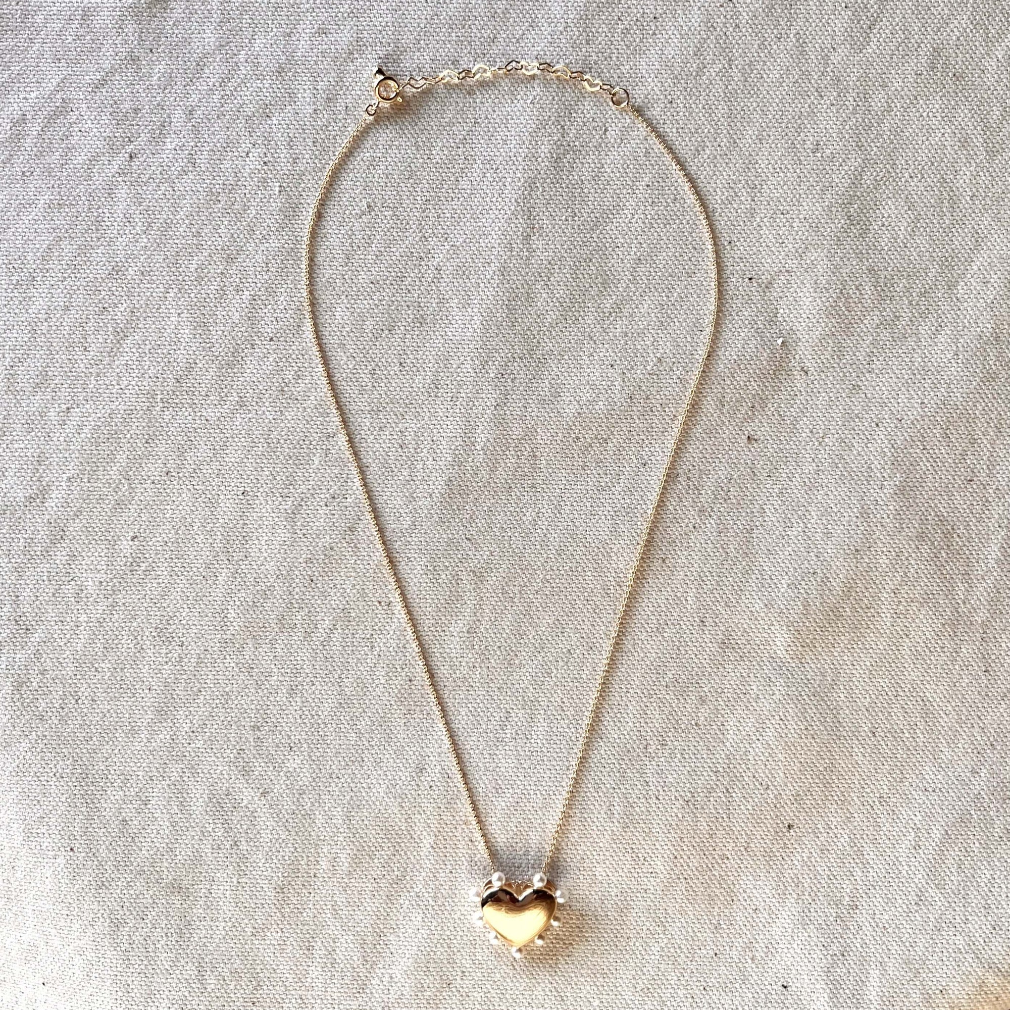 Puffy Heart Necklace in Gold and Pearl