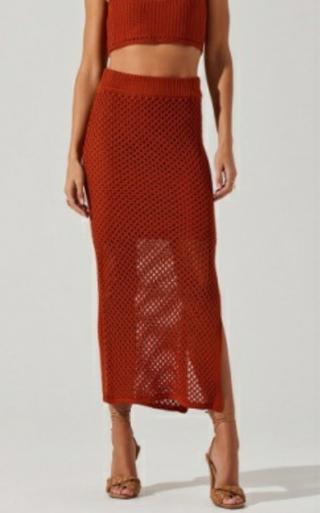 Carlina Crochet Midi Skirt in Rust