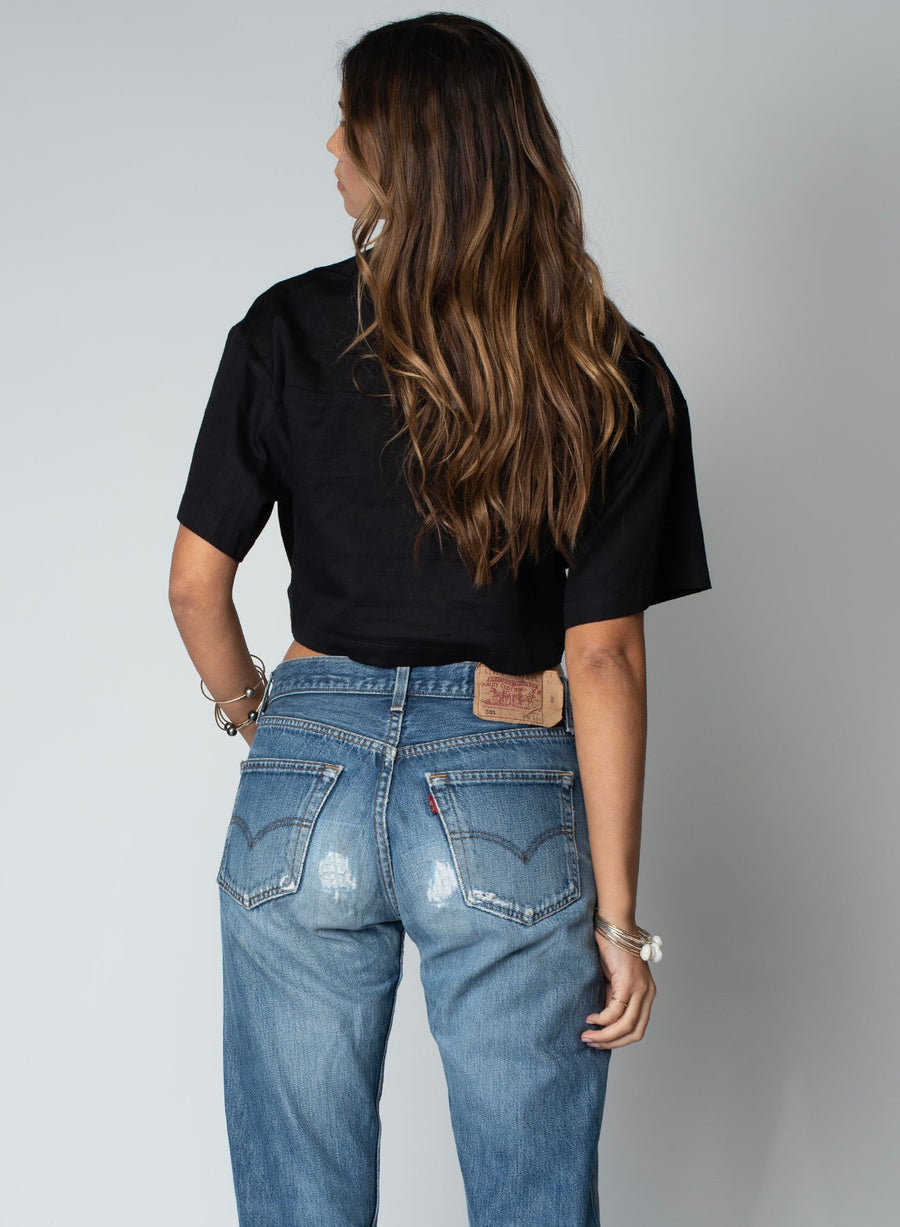 Knot Front Short Sleeve Shirt in Black