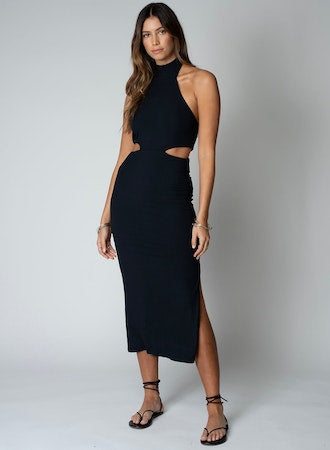 Wide Rib Halter Cut Away Dress in Black