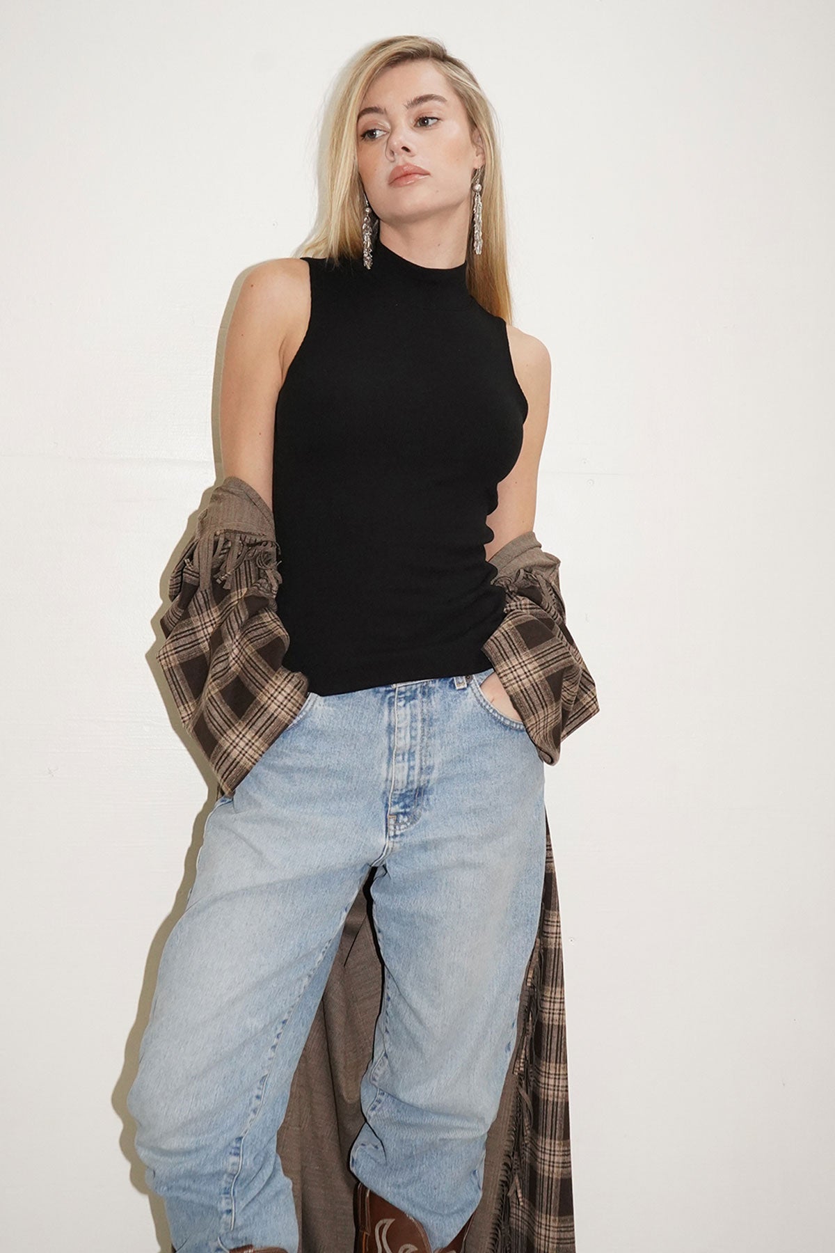 Double Layer Mock Neck Tank in Black