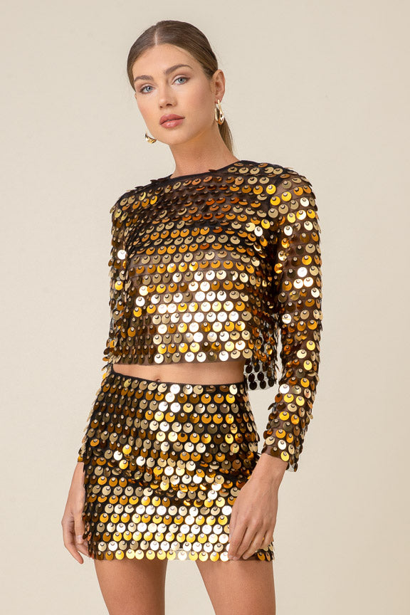 Line & Dot Mina Long Sleeve Sequin Top in Gold
