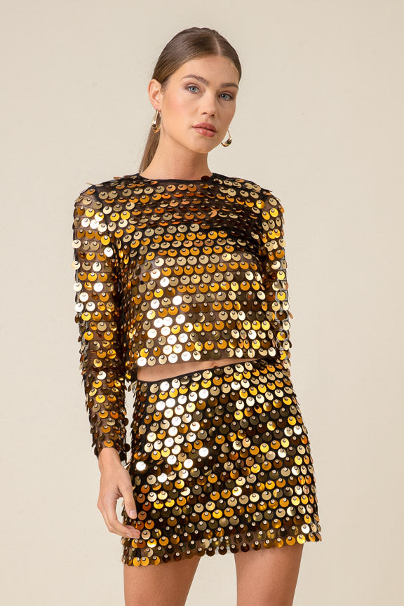 Line & Dot Mina Long Sleeve Sequin Top in Gold