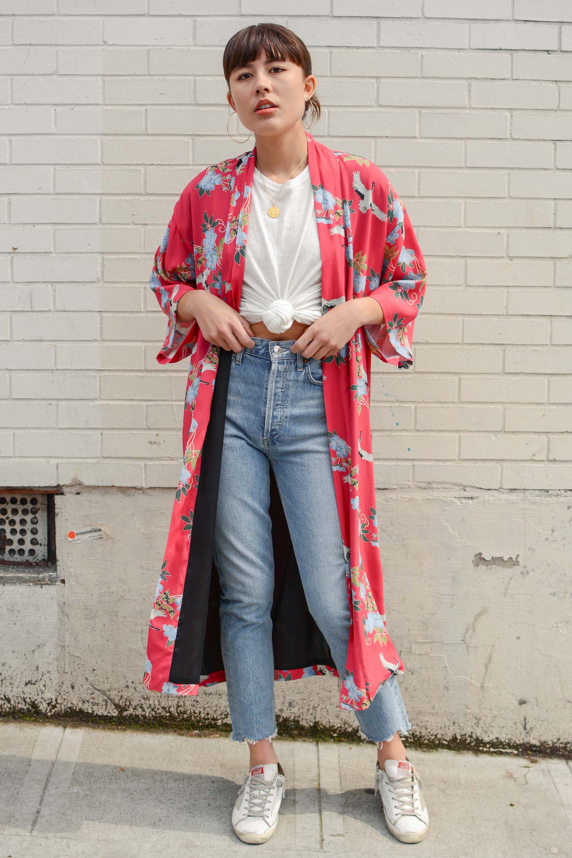 Long Kumi Kimono Robe in Red Crane