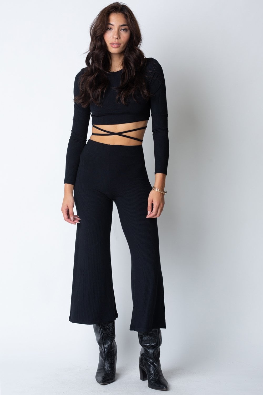 Rib Wide Leg Pant in Black