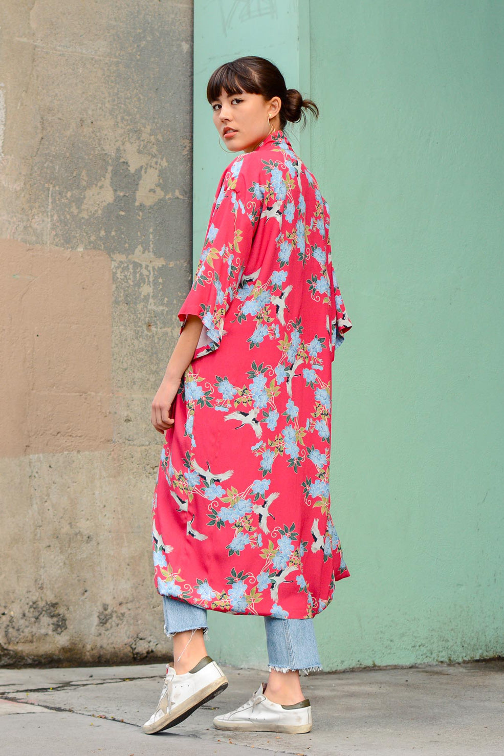Long Kumi Kimono Robe in Red Crane