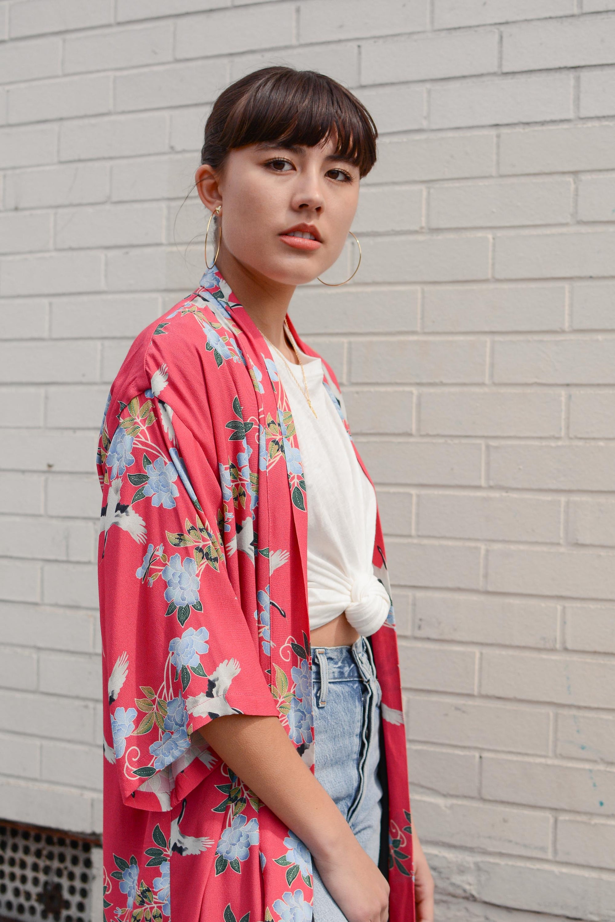 Long Kumi Kimono Robe in Red Crane