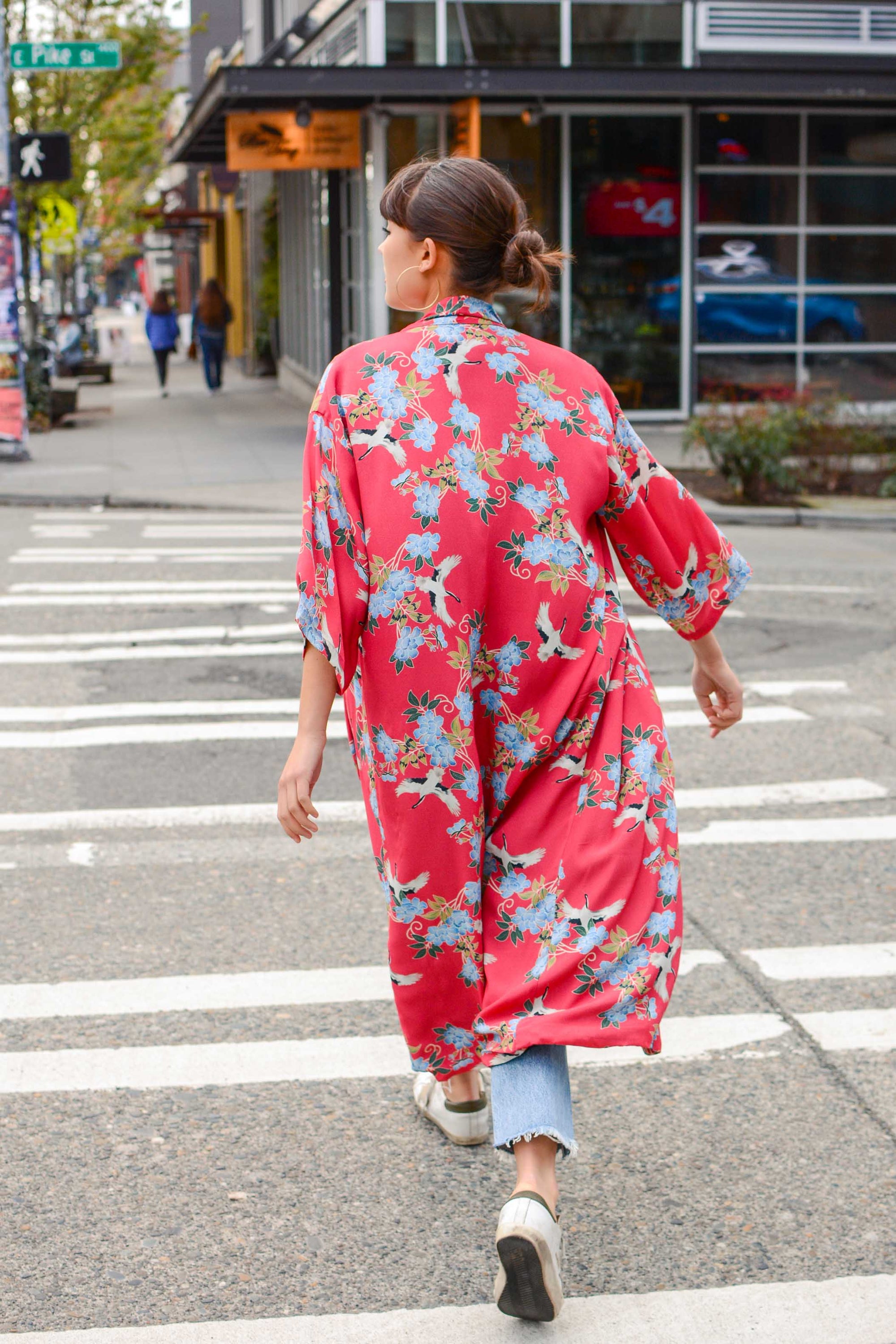 Long Kumi Kimono Robe in Red Crane