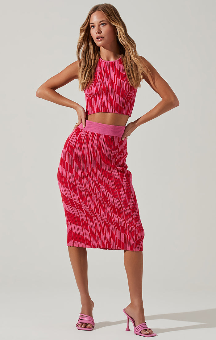 Alana Knit Midi Skirt in Pink+Red