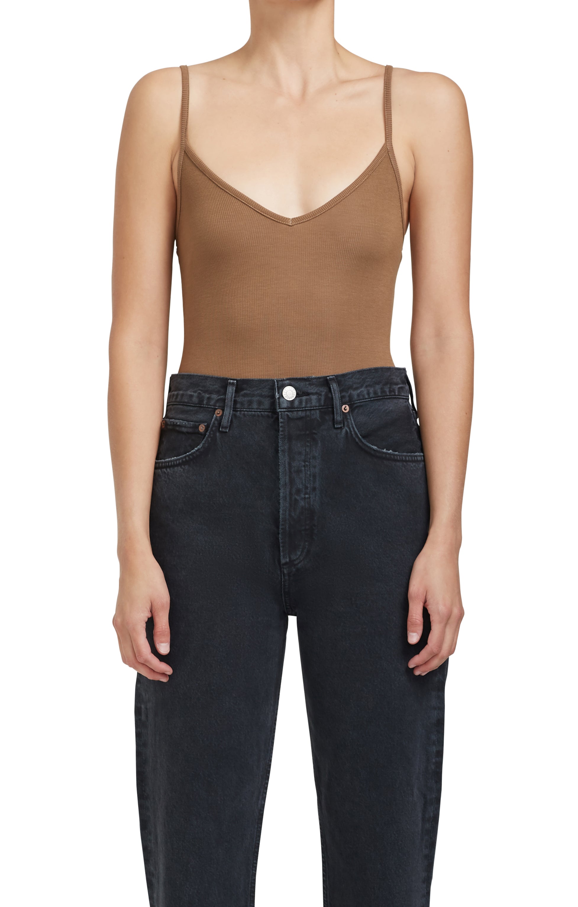 Spaghetti V-Strap Bodysuit in Toffee